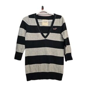 Y2K Hollister Striped Sweater Women's Large Navy White Preppy Coastal V-Neck